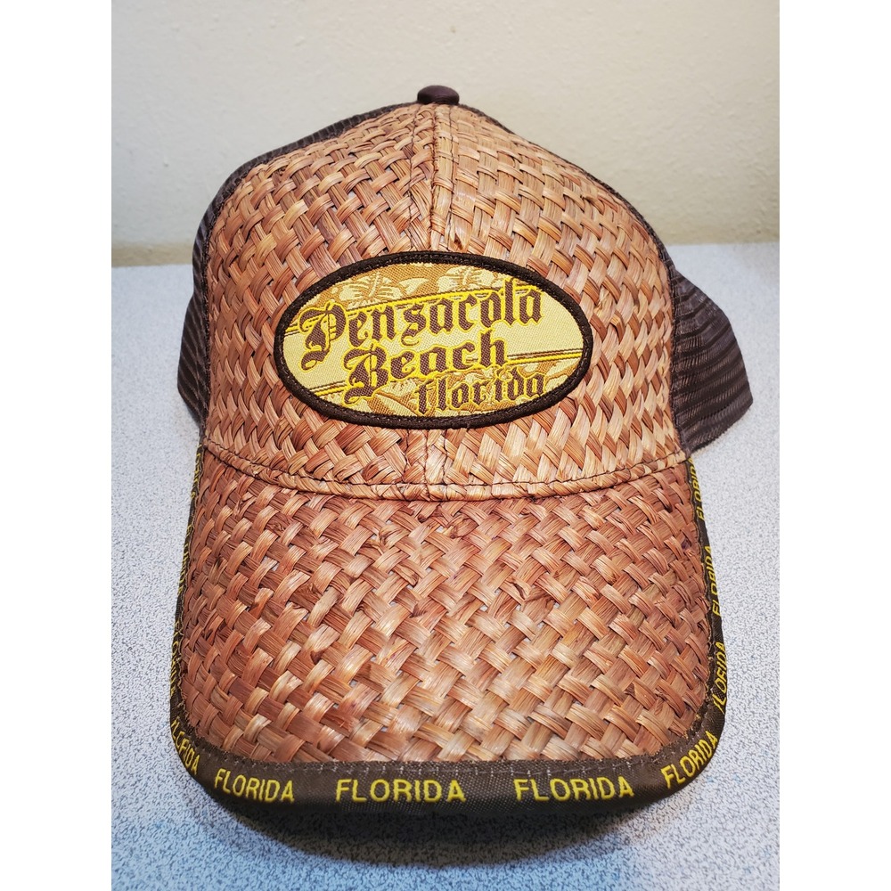 Marco Destin Pensacola Beach Florida Straw Trucker Hat Brown Mesh Snapback Cap